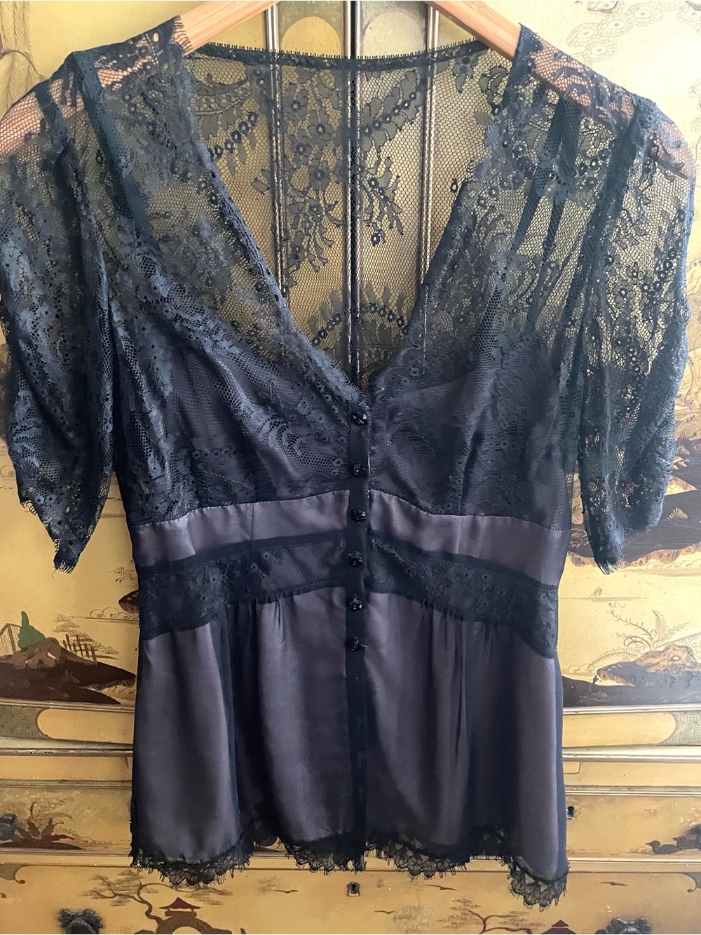 NEW NANETTE LEPORE VTG Y2K Black Eyelash Lace Silk Blouse Top Romantic 8 RARE!
